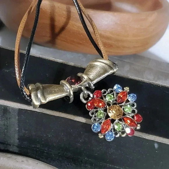 Rustic Antique Bronze Rhinestones Geometric Pendant Necklace Vegan Leather - Picture 5 of 10